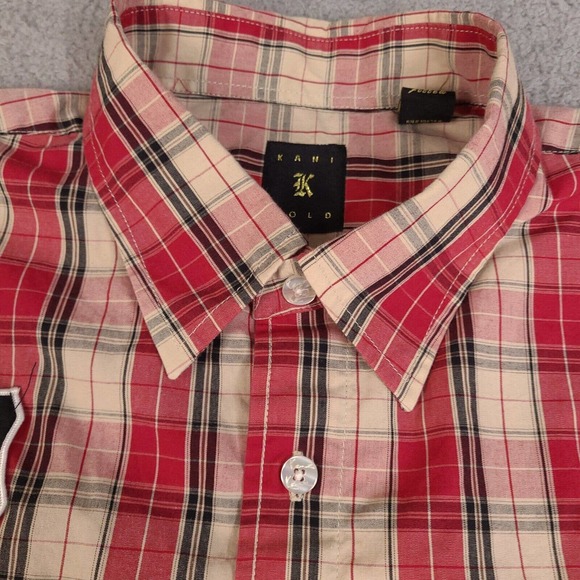 Kani Gold Shirt Mens XL Red Plaid Button Down Short Sleeve Patches Fitted - Picture 5 of 15